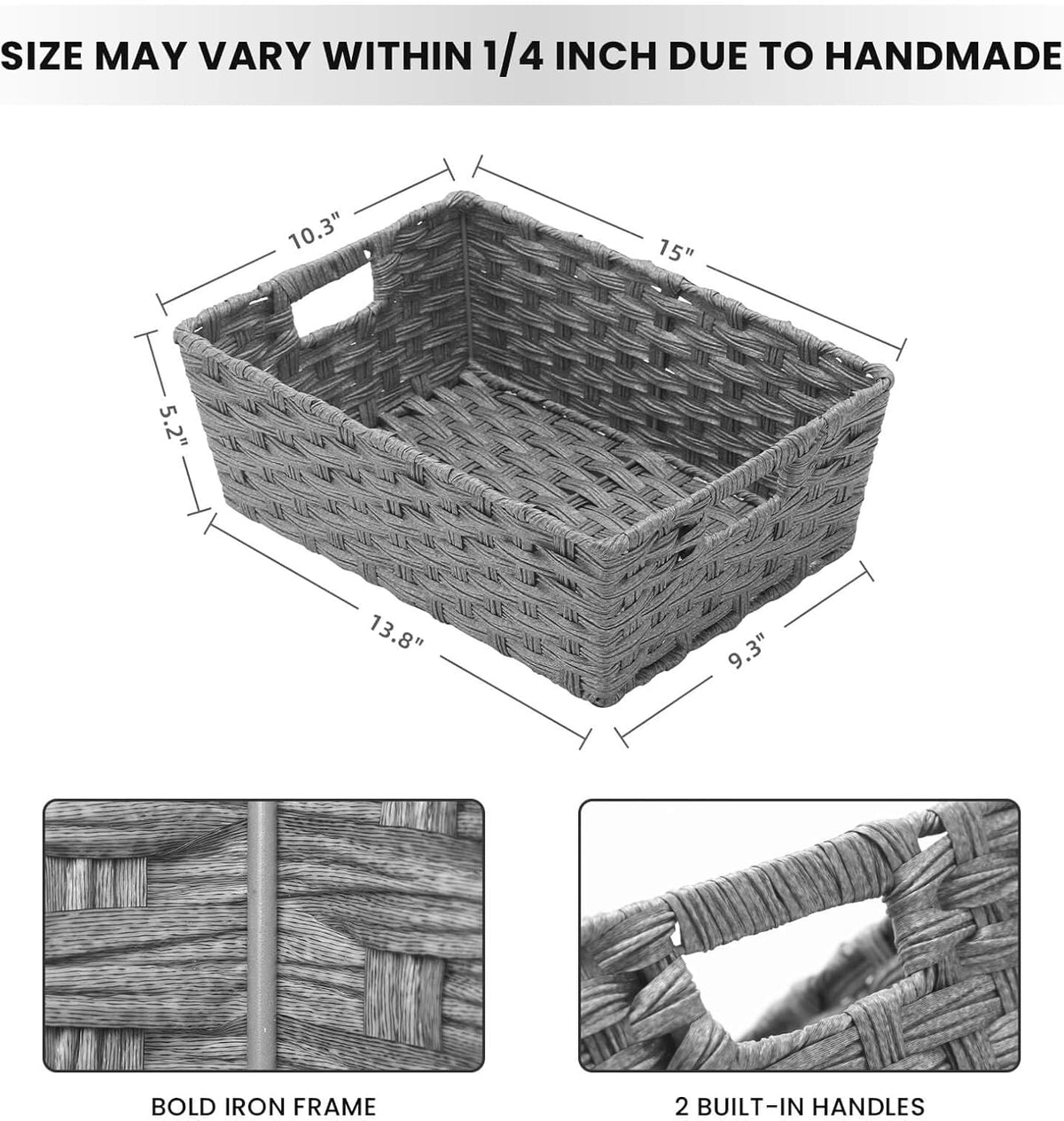 Large Wicker Storage Basket, Metal Frame, Set of 2, Washable Waterproof, 15" x 10.3" x 5.2", Grey Color, Woven Basket for Pantry, Toilet, Bathroom, Bedroom, Patio
