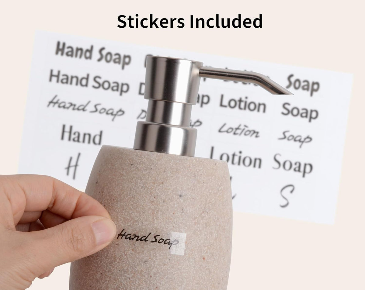Sandstone Textured Resin Soap Dispenser with Metallic Pump and Waterproof Bottle Labels for Bathroom Kitchen Dish Hand Wash Shower Lotion Shampoo, 12 Oz, 2 Sets Beige