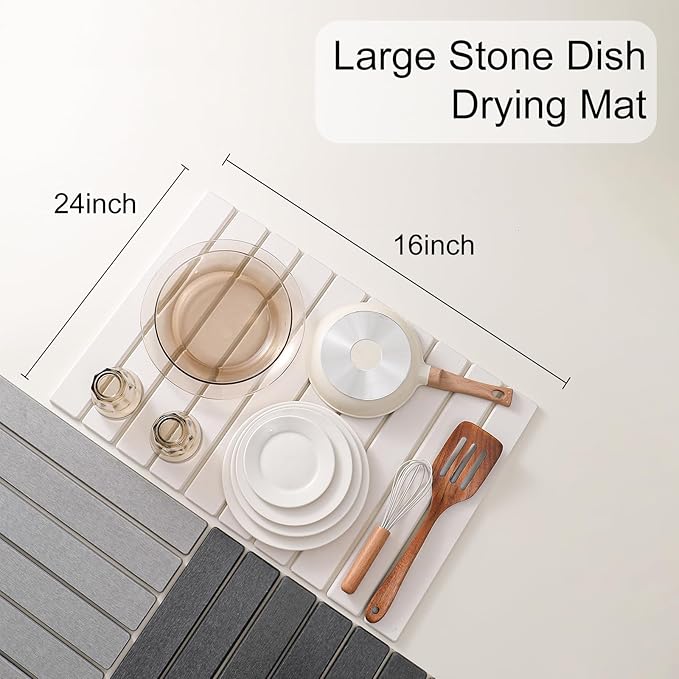Large Stone Drying Mat for Kitchen Counter, 24''L x 16''W Diatomaceous Earth Collapsible Dish Drying Mat, Quick Drying Mat, Glasses and Flatware, Matches Any Countertop (Dark Gray, 24'' x 16'')