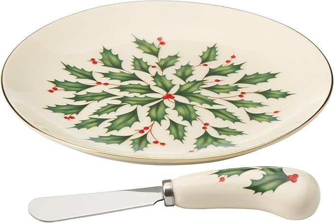 Lenox Serveware, Hosting The Holidays Cheese Plate & Knife Set, Service for 1, Ivory Porcelain, Dishwasher Safe, 6.75 Inch Diameter, Christmas Decorations, Christmas Decor (White/Green/Red, 2 Pieces)