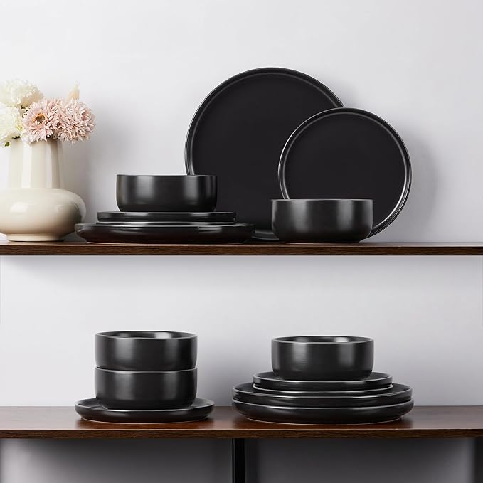 E-far Stoneware Dinnerware Sets for 4, 12-Piece Plates and Bowls Set, Modern Ceramic Dishes Dinning Ware, Microwave & Dishwasher Safe - Matte Black