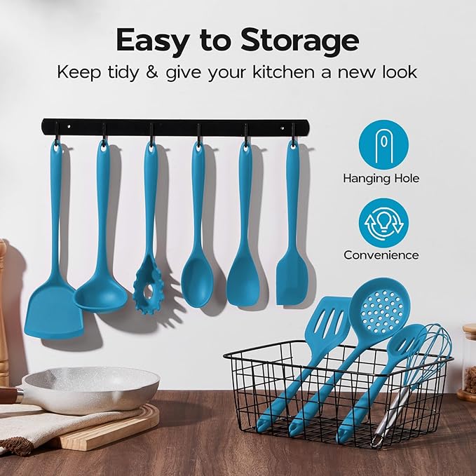 Onader Navy Blue Kitchen Utensils Set, Silicone Cooking Utensils Set of 10 with Turner Spoon Spatula Whisk Pasta Server, Dishwasher Safe