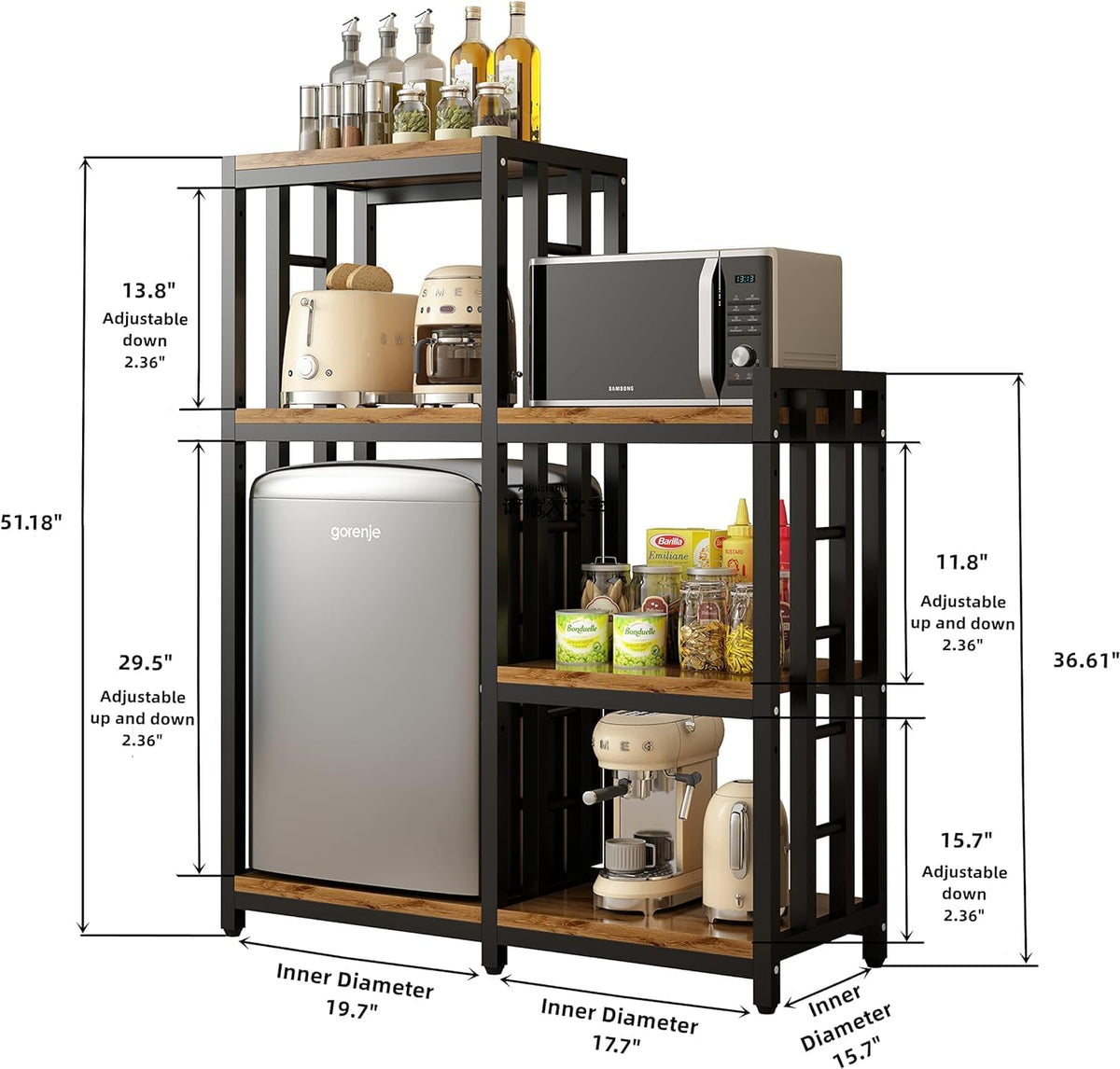 BRIGHTSHOW Kitchen Storage Shelf Bakers Rack, 6-Tier Coffee Bar Table, Kitchen Microwave & Mini Fridge Stand Shelves for Spices, Pots and Pans (52 x 40 x 17.5inch) (Brown no Wheels)