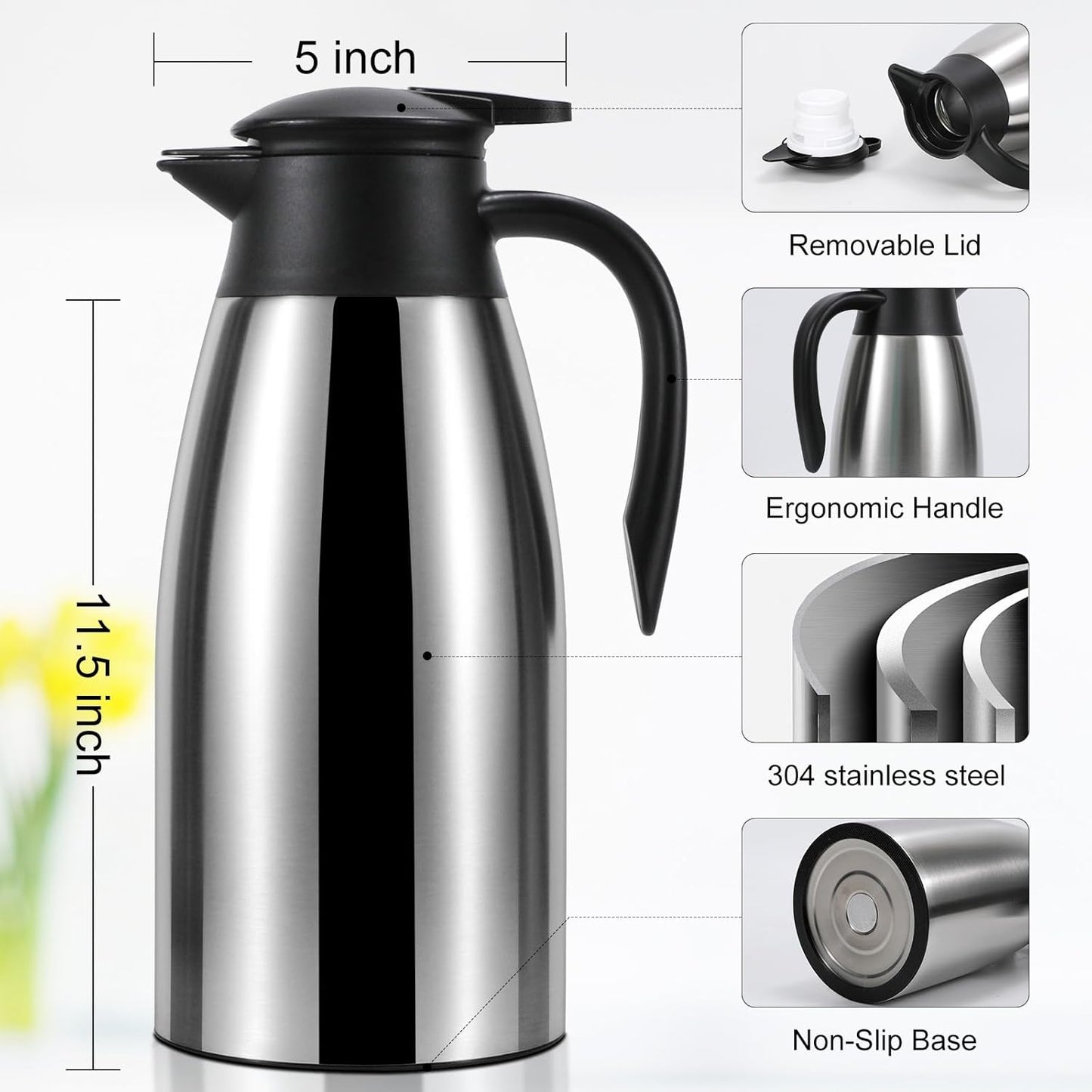 Thermal Coffee Carafe, Insulated Stainless Steel Coffee Carafes for Keeping Hot Coffee & Water Hot Beverage-12Hours, Double Walled Vacuum Coffee Carafe (silver+black)