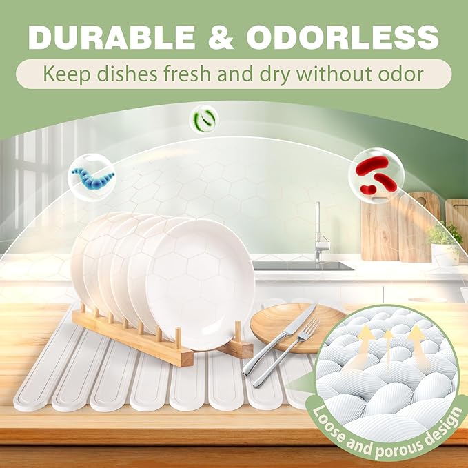 Collapsible Stone Dish Drying Mat for Kitchen Counter, 24"×16" Large White Dish Drying Pad, Eco-Friendly Diatomaceous Earth Mat, Quick Dry, No Odor