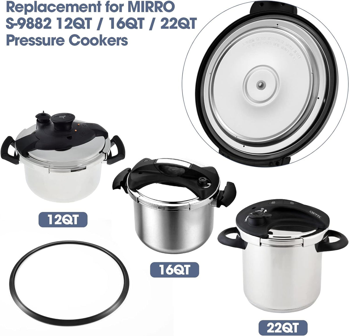 S-9882 Pressure Canner Gasket, Food-Grade Silicone Pressure Cooker Sealing Ring Fits 12/16/22QT Mirro Model M-0512 / M-0522 / M-0312 / M-0406 / M-0416 / M-0526 / M-0622,2 Pack