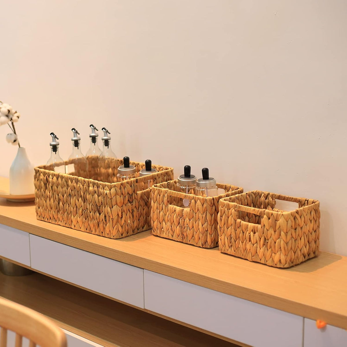 HOONEX Water Hyacinth Storage Baskets, Wicker Baskets for Storage, Hand Woven Baskets with Carry Handles, Set of 3, Natural