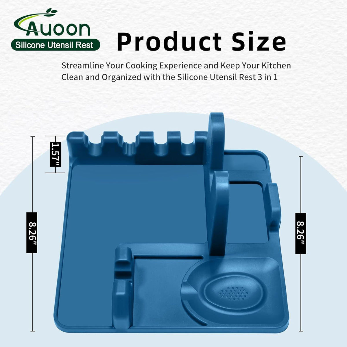 AUOON Spoon Rest for Stove Top - Silicone Utensil Rest with Drip Pad for Kitchen Counter | Practical Kitchen Gadgets for Cooking | Dishwasher Safe (Fog Blue, Large)