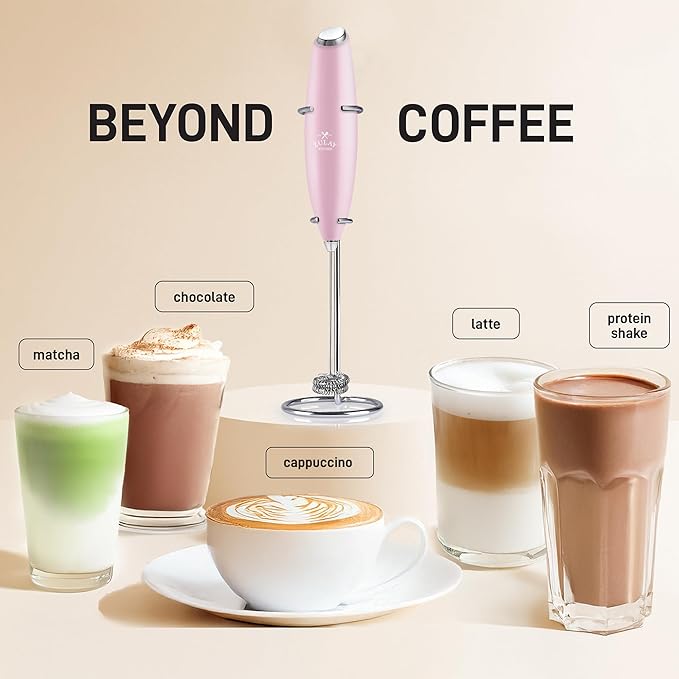 Zulay Kitchen Powerful Double Whisk Milk Frother Handheld - Foam Maker With Stand - Whisk Drink Mixer for Coffee, Mini Foamer for Latte, Matcha, Frappe, Hot Chocolate & Cappuccino - Pink