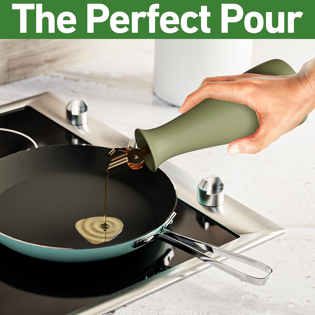 Ceramic Olive Oil Dispenser with Self-Closing Gold Spout - 530 ML Capacity Matte Green Ceramic Oil Dispenser for Kitchen - Leak Proof EVOO Dispensing Bottle - Stylish, Ergonomic, Durable, Easy Pour