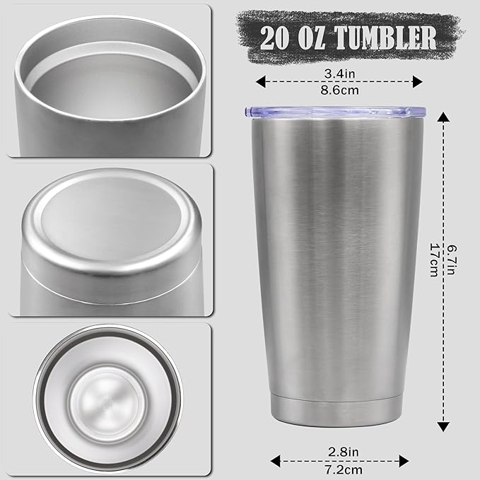 20 oz Tumbler Coffee Travel Tumblers Bulk with Lid Stainless Steel Double Wall Vacuum Insulated Mug Powder Coated Cups fit Car Cupholder for Hot and Cold - Stainless Steel, 8Pack