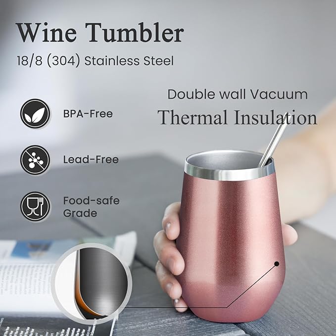 MEWAY Stainless Steel Wine Tumbler with Lid and Straw 12oz - Stemless Insulated Wine Cup Glasses for Coffee,Cocktails,Drinks, and Office Use, Ideal for Parties and Gifts(Rose Gold, Set of 12)