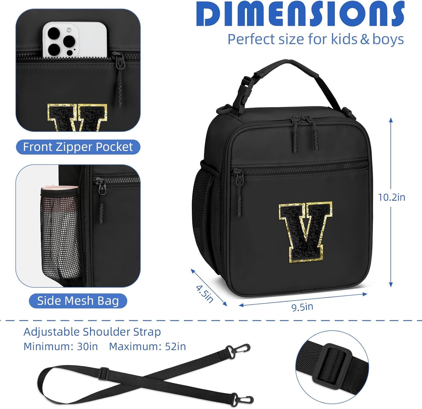 Initial Insulated Lunch Bag for Boys Kids, Back to School Gift, Reusable Leak-proof Lunch Box with Adjustable Strap for School Daycare Travel Picnic（Black，V）