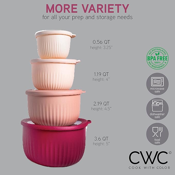 COOK WITH COLOR Prep Bowls with Lids- Wide and Deep Nesting Plastic Small Mixing Bowl Set with Lids, 8 Piece Set - Deep Bowls, Rose