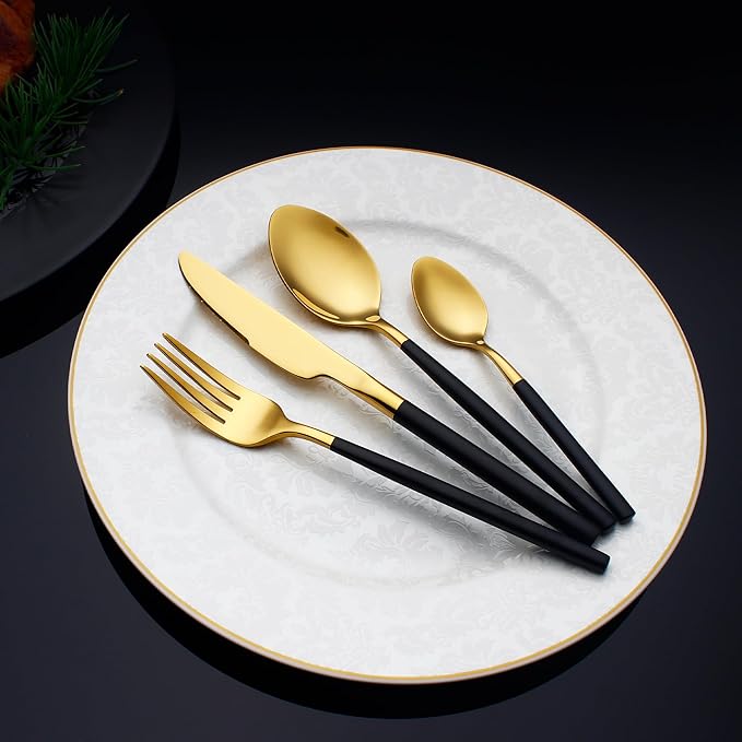24 Piece Silverware Set For 6 Gold & Matte Black Handle Heavy duty 18/10 Stainless Steel Flatware Set Modern Design Knife/Fork/Spoon Mirror Polished Dishwasher Safe Cutlery Set with Gifts