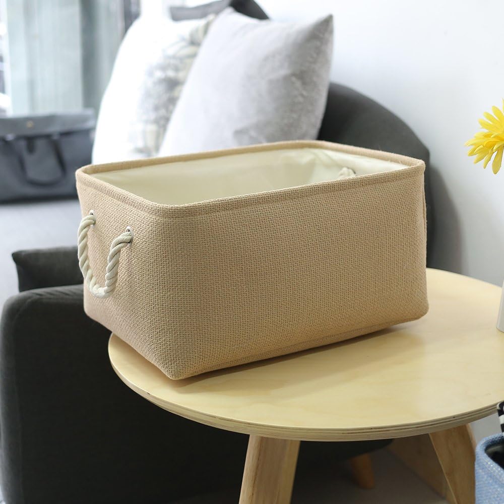 TheWarmHome Decorative Basket Rectangular Small Storage Basket Fabric Storage Bin Organizer Basket with Handles for Clothes Storage (Beige, 11.8L×7.9W×5.2H inch)