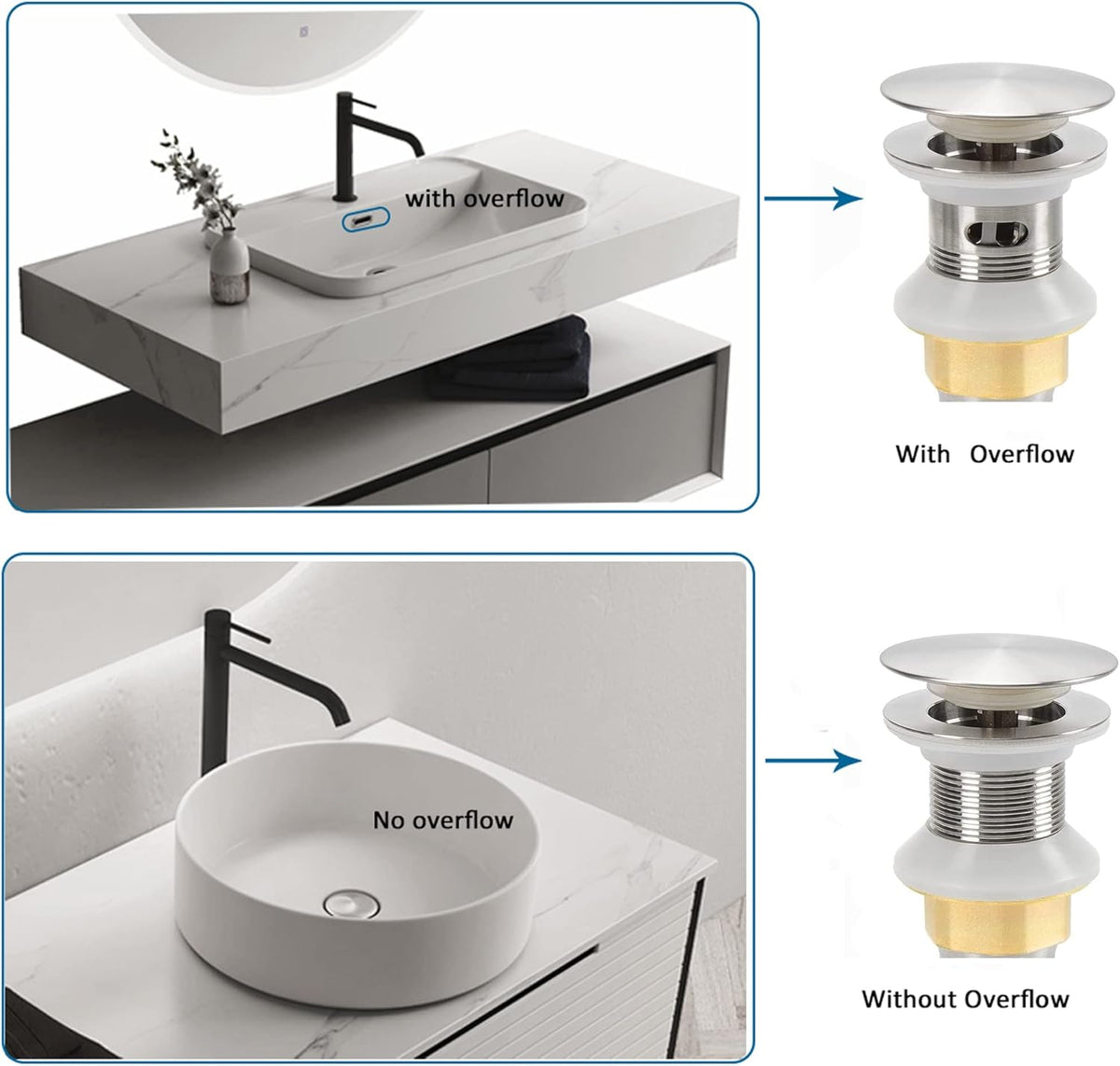 Bathroom Sink Drain,5 Pack Drain Stopper Bathroom Sink Without Overflow,Pop Up Drain Assembly with Detachable Strainer Basket,Built-in Anti-Clogging Strainer,Stainless Steel Brushed Nickel