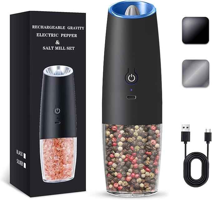 Rechargeable Electric Salt and Pepper Grinder, gravity electric salt and pepper grinder, Adjustable Roughness, LED Light, 1 Pack, (Black)