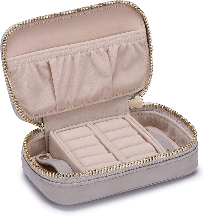 HISCOW Vegan Leather Travel Jewelry Case with Zipper - Portable Necklace & Earring Holder Organizer for Women Girls, Velvet-Lined Ring Box with Anti-Tarnish Design, Stone