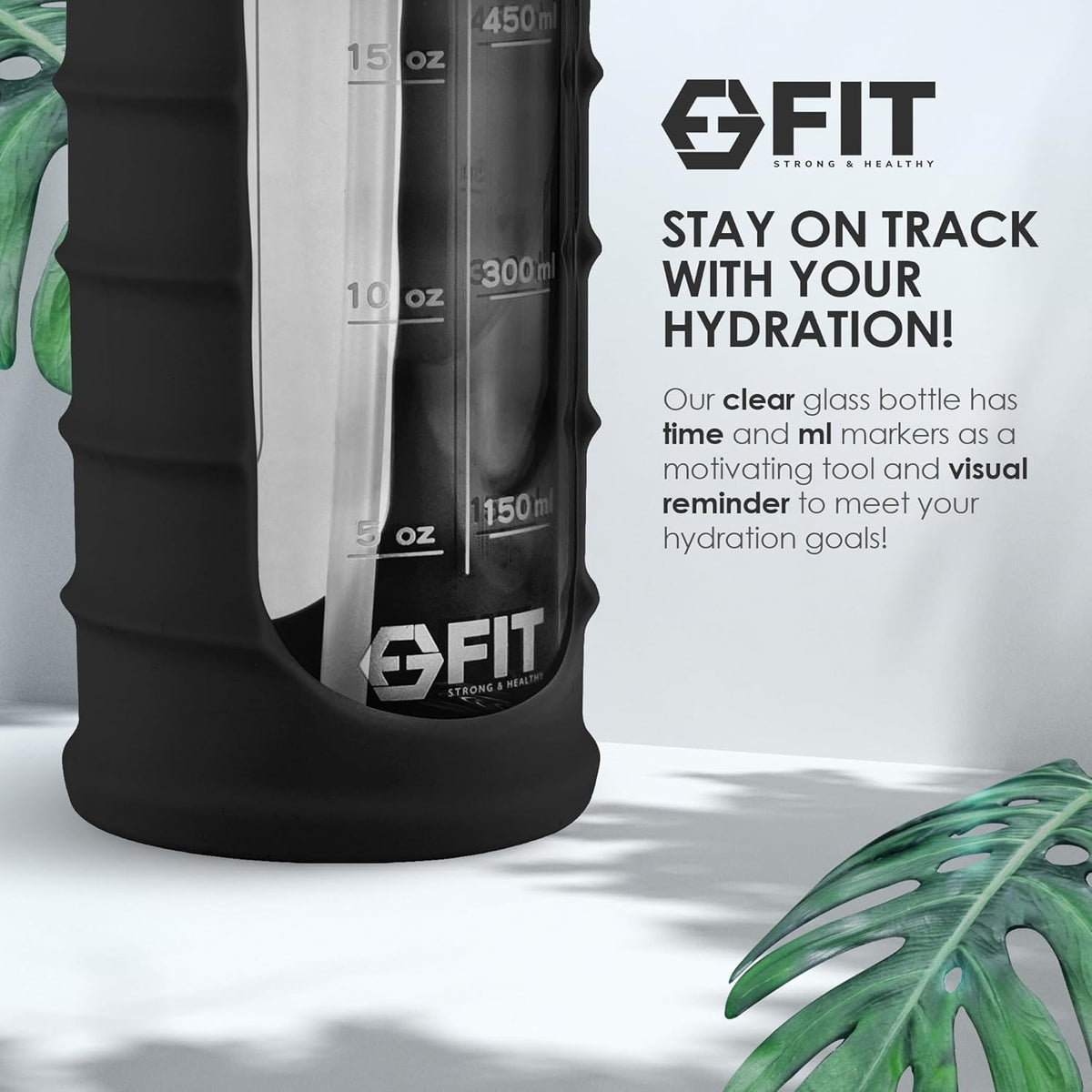 FIT Strong & Healthy 32 oz Glass Water Bottle with Straw Lid, Time Marker, Sleeve & Extra Lid - Motivational, Wide Mouth 1 Liter Glass Drinking Bottle