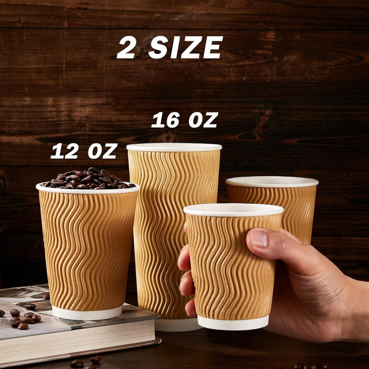 90 Pack 16 oz Disposable Coffee Cups No Lids, Champagne Insulated Ripple Wall Paper Coffee Cups 16oz, Kraft Corrugated Beverage Paper Cups for Hot Chocolate, Home, Travel, Office, Tea