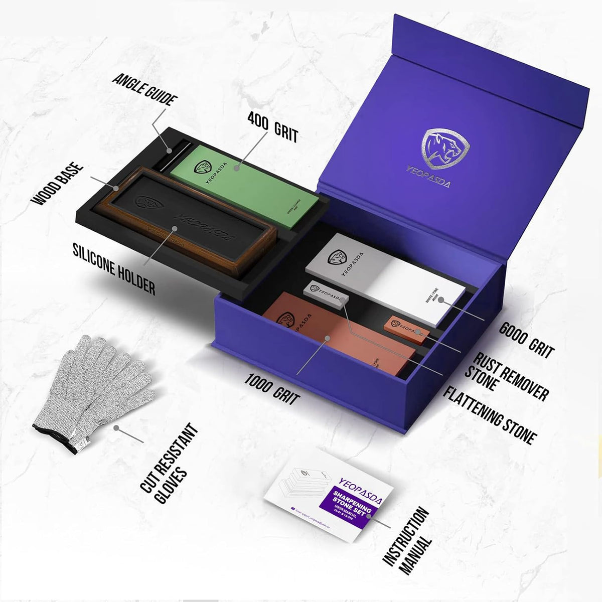 Premium Knife Sharpening Stone Kit - YeopAsda 3 Sides Grit 400/1000/6000 Whetstones - Knife Sharpener Stone with Non-Slip Wood Base, Angle Guide & Cut Resistant Gloves