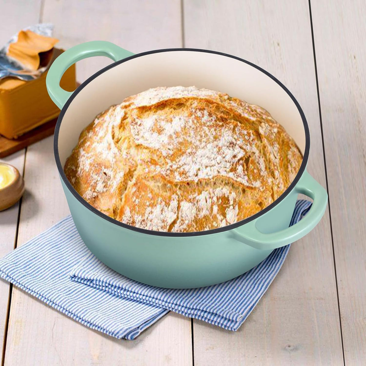 E-far 3 Qt Enameled Cast Iron Dutch Oven with Lid, Small Round Nonstick Dutch Oven Pot for Bread Baking Braising Stews Roasting Cooking, Heavy Duty, Induction & Oven Safe - Sage Green
