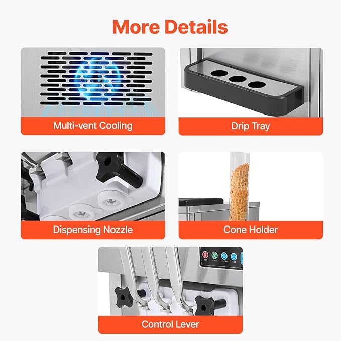 VEVOR Commercial Ice Cream Machine, 21 QT/H Soft Serve Ice Cream Maker with LCD Panel Auto Clean 3-Flavor Pre-cooling for Restaurant Snack Bar