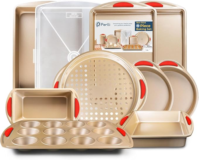 Perlli 10 Piece Baking Set - Nonstick Gold Steel Oven Bakeware With Silicone Handles, Cookie Sheets, Round Cake Pans, 9x13 Pan With Lid, Loaf Pan, Deep Pan, Pizza Crisper, Muffin Pan