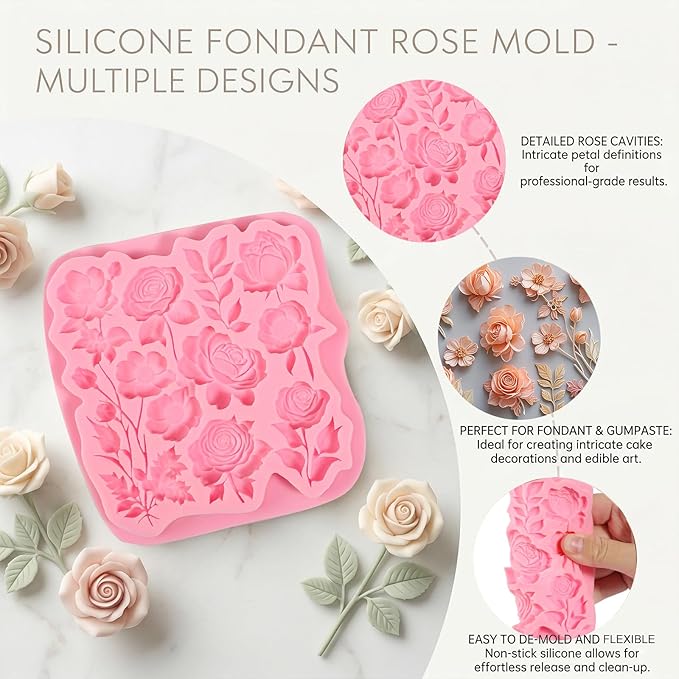 1 Pcs Beautiful Rose Silicone Mold, Food-Grade Romantic Floral Wedding Cake Decoration Fondant Mold, for Chocolate Candy Sugar Crafts Flower Paste Dough Chewing Gum Resin Crafts Plaster Clay
