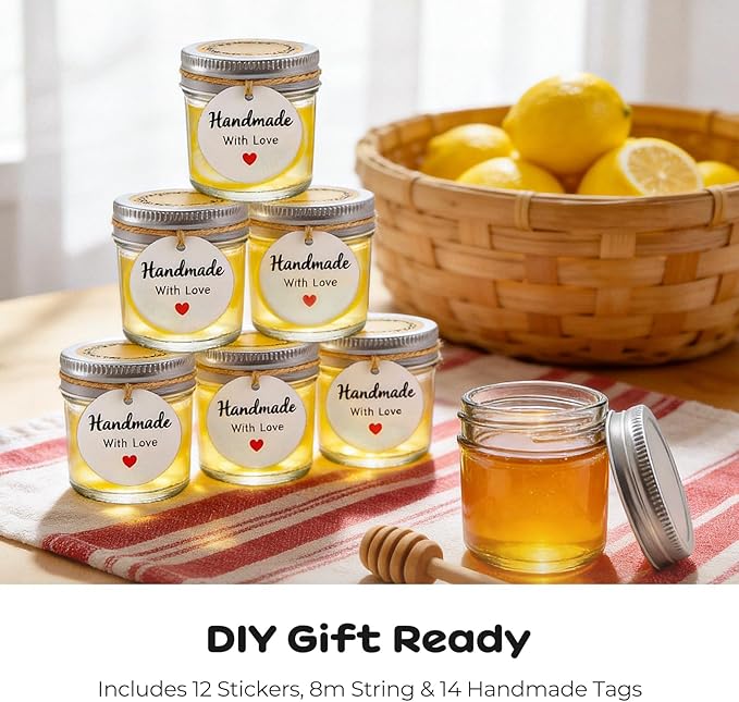 12 Pack 2 oz Small Mason Jars, Mini Glass Jars with Lids for Jam Ginger Shots Honey Spices Wedding Favors, Includes Labels, String & Handmade Tags