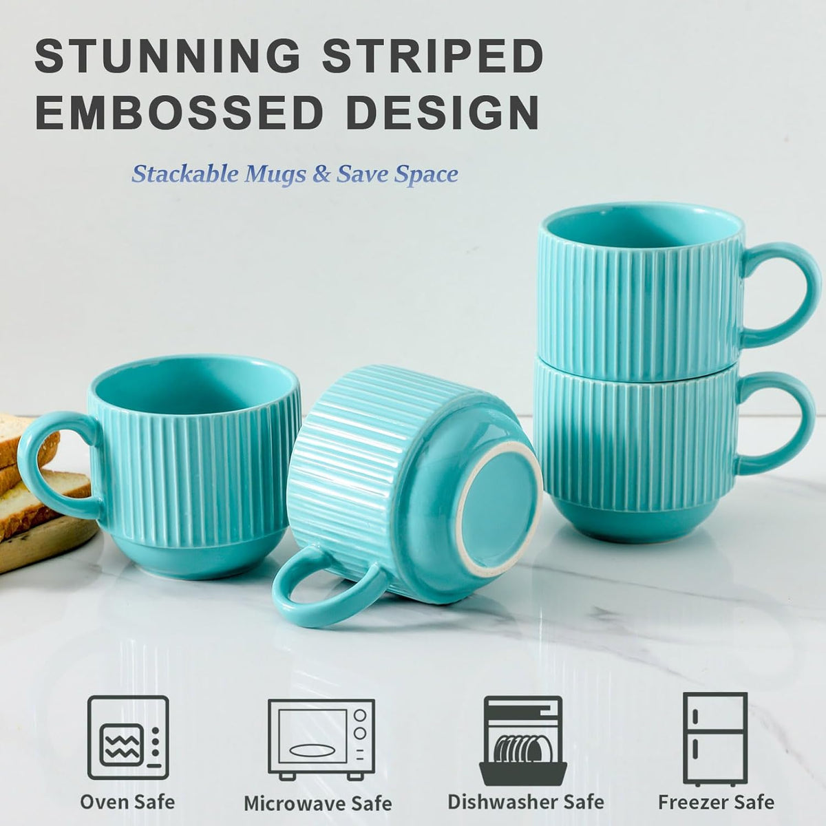Hasense 15 oz Coffee Mug Set of 4 with Stand - Stackable Large Ceramic Ribbed Latte Cup Set for Cappuccino, Tea, Hot Cocoa, Drinks - Dishwasher & Microwave Safe, Turquoise