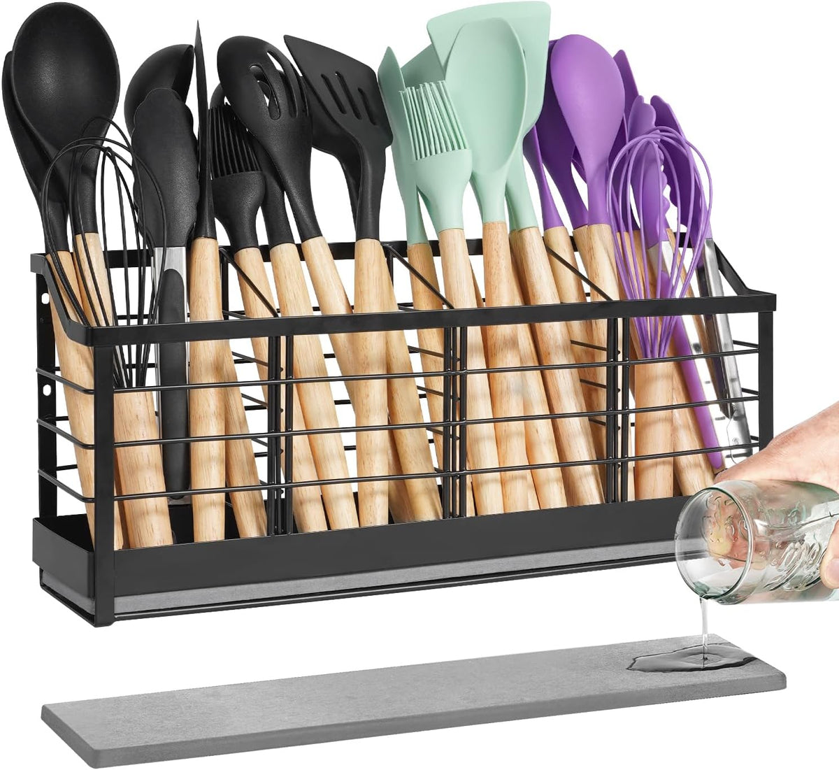 Large Kitchen Utensil Holder with Diatomite Base – Wall-Mountable Utensil Caddy with 4 Compartments – Fast-Drying Matte Black Utensil Organizer for Kitchen Countertop or Wall