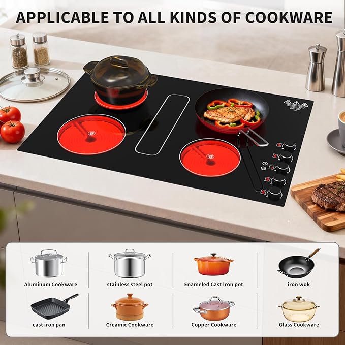 31" Electric Cooktop with Downdraft – 4 Burner 6000W Built-in Electric Stove, BBQ Bridge Burner, Timer, Safety Lock, Recirculating Vent (220V-240V)