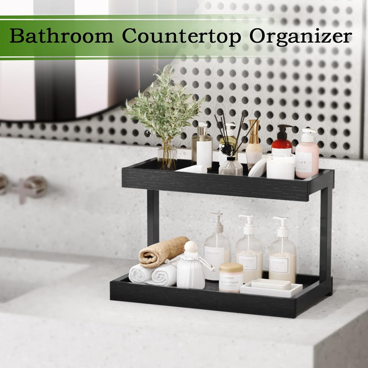 MARTY 2 Tier Spice Rack Organizer for Countertop, 15.8''L Coffee Station/Bathroom Organizer Countertop, Counter Shelf Desktop Storage Organizer for Kitchen, Bedroom, Office (Black)