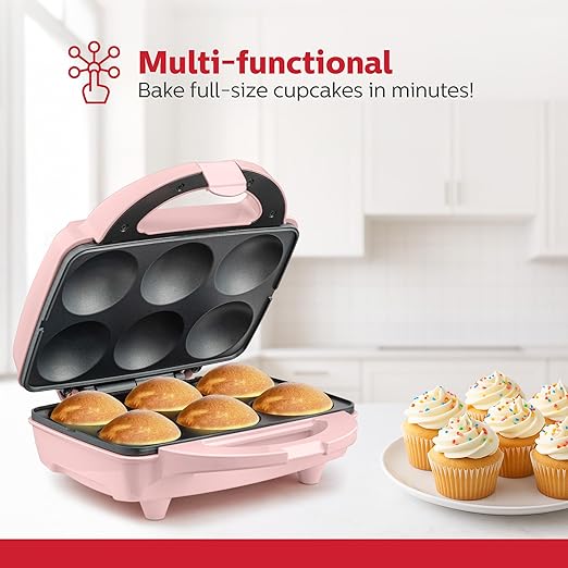 Holstein Housewares Non-Stick 6-Count Electric Cupcake Maker Machine – Bakes 6 Cupcakes, Muffins, Pizza Cups, Cinnamon Buns – Perfect for Gifts, Birthdays, Holidays, or Bake Sales, Pink
