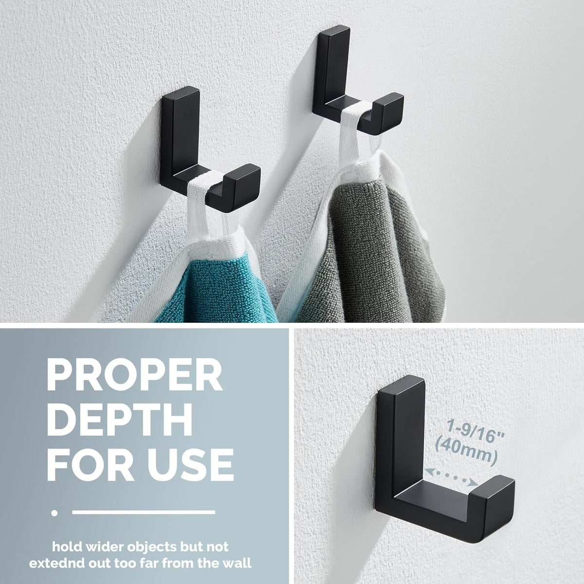 Angle Simple Towel Hook Matte Black 2 Pack, 304 Stainless Steel Bathroom Coat Robe Hook for Wall