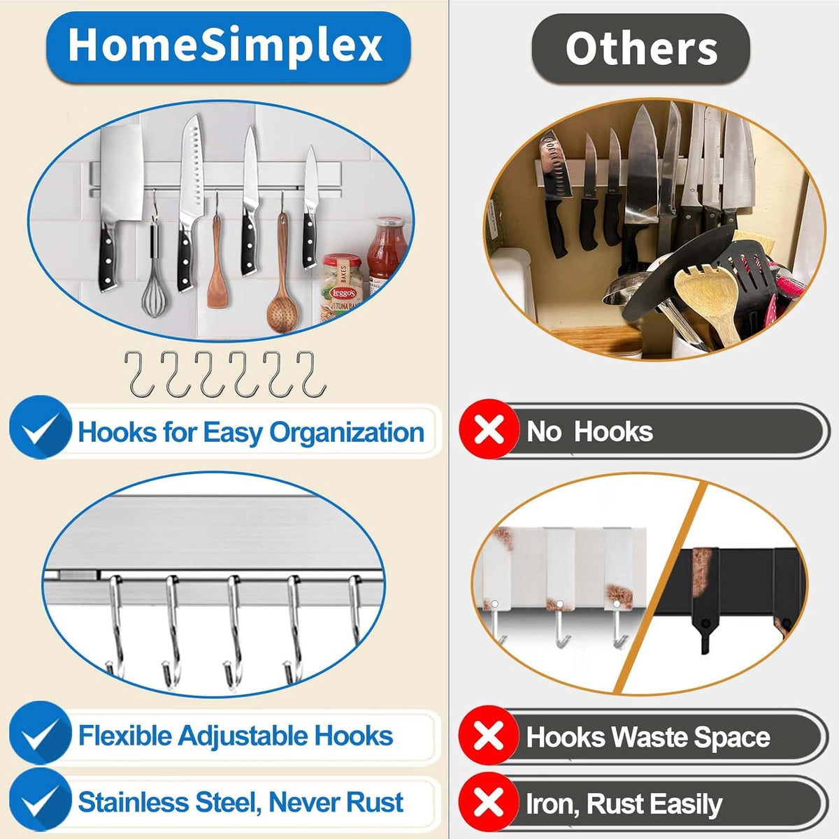 12 Inch Magnetic Knife Holder for Wall, Adhesive Knife Magnetic Strip No Drilling with 6 Hooks, Powerful Magnetic Knife Strip, Magnetic tool Holder for Kitchen Knives & Utensils (Silver)