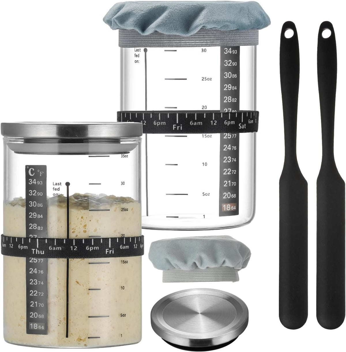 Wissy&Konny Sourdough Starter Jar,2PACK 35OZ Wide Mouth with Ounce Scale line,Date Marked Feeding Band, Thermometer, Sourdough Jar Scraper, Cloth Cover & Stainless Steel Lid Sourdough Starter Kit
