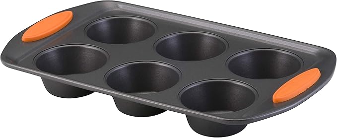 Rachael Ray Yum-o! Nonstick Bakeware Oven Lovin’ Cups Muffin Pan, 6-Cup, Gray with Orange Handles