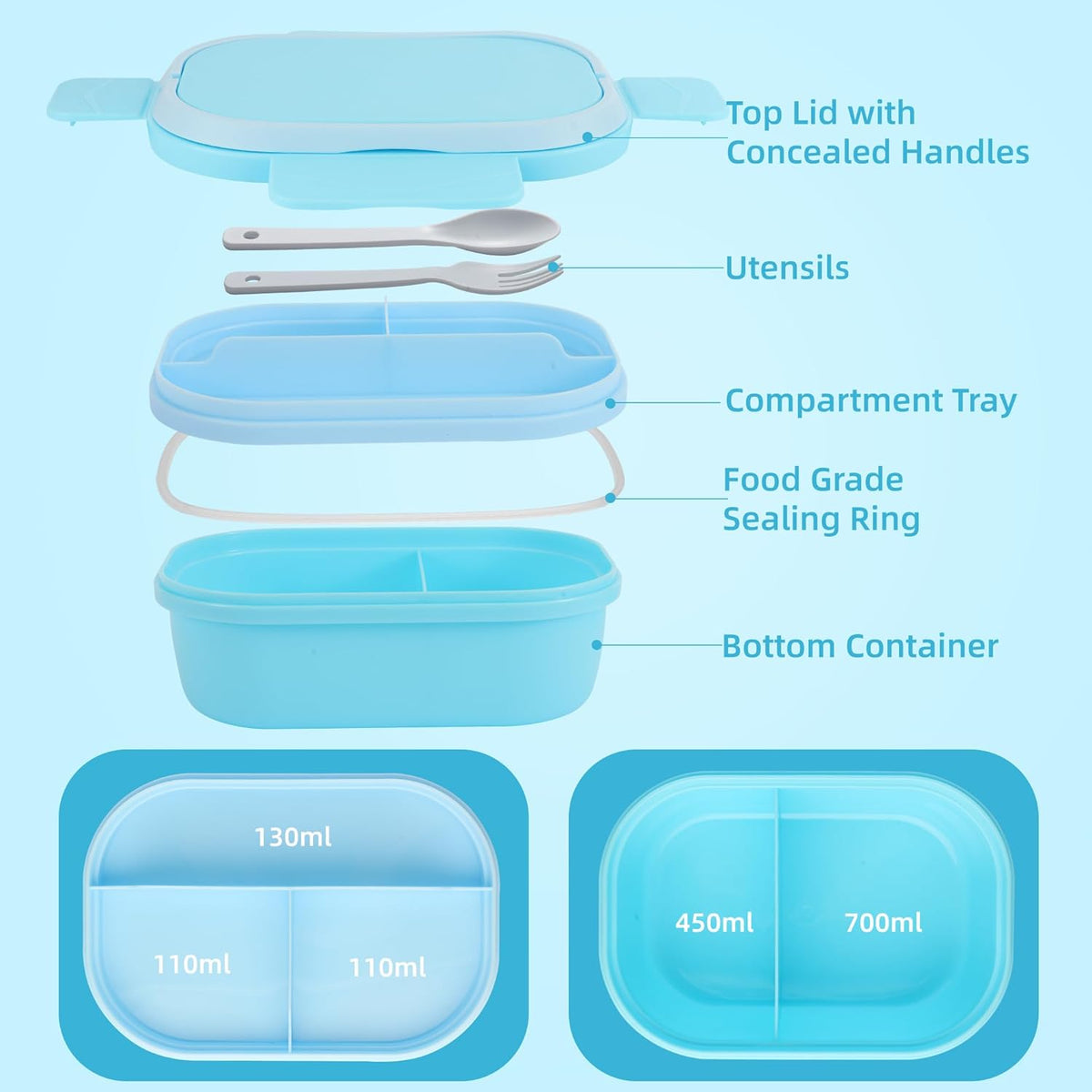 Bento Box Adult Lunch Box with Hidden-Handle, Leak-Proof Lunch Containers for Adults & kids, 2-Layer 5-Compartment 6 Cup with Utensils, Blue