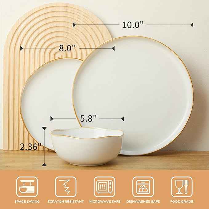 Dinnerware Set for 4, Ceramic Dish Set, Plate and Bowl Set, Microwave & Dishwasher Safe Dishware Set, Chip & Scratch Resistant Dinner Sets, Irregular Edge Design, White