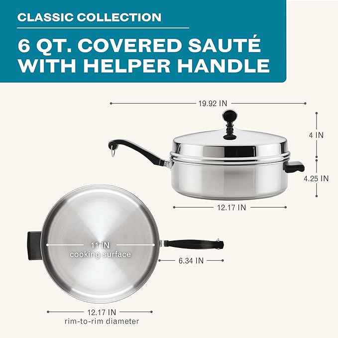 Farberware Classic Series Anniversary Edition Stainless Steel Sauté Pan and Lid with Helper Handle, Induction Suitable, 6 Quart Jumbo Cooker, Metal Utensil Safe - Stainless Steel