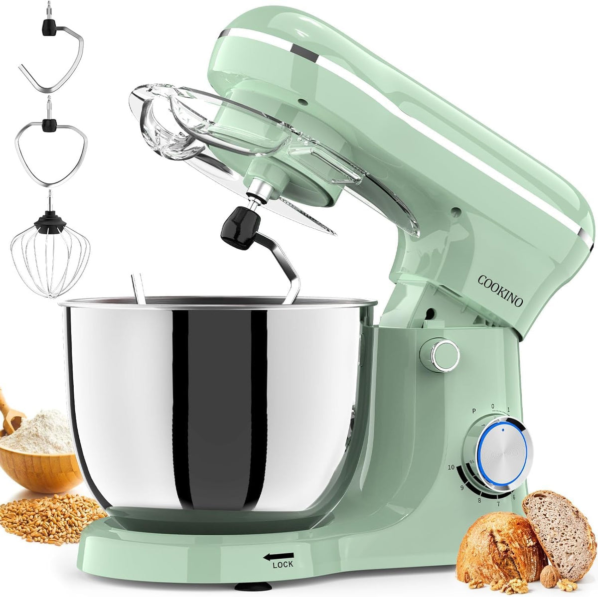 Electric Stand Mixer, 10 Speeds Tilt-Head Food Mixer, 3-IN-1 Kitchen Mixer for Daily Cooks with Dishwasher-Safe 6.5 QT Bowl,Dough Hook, Beater, Whisk (Agave Green)