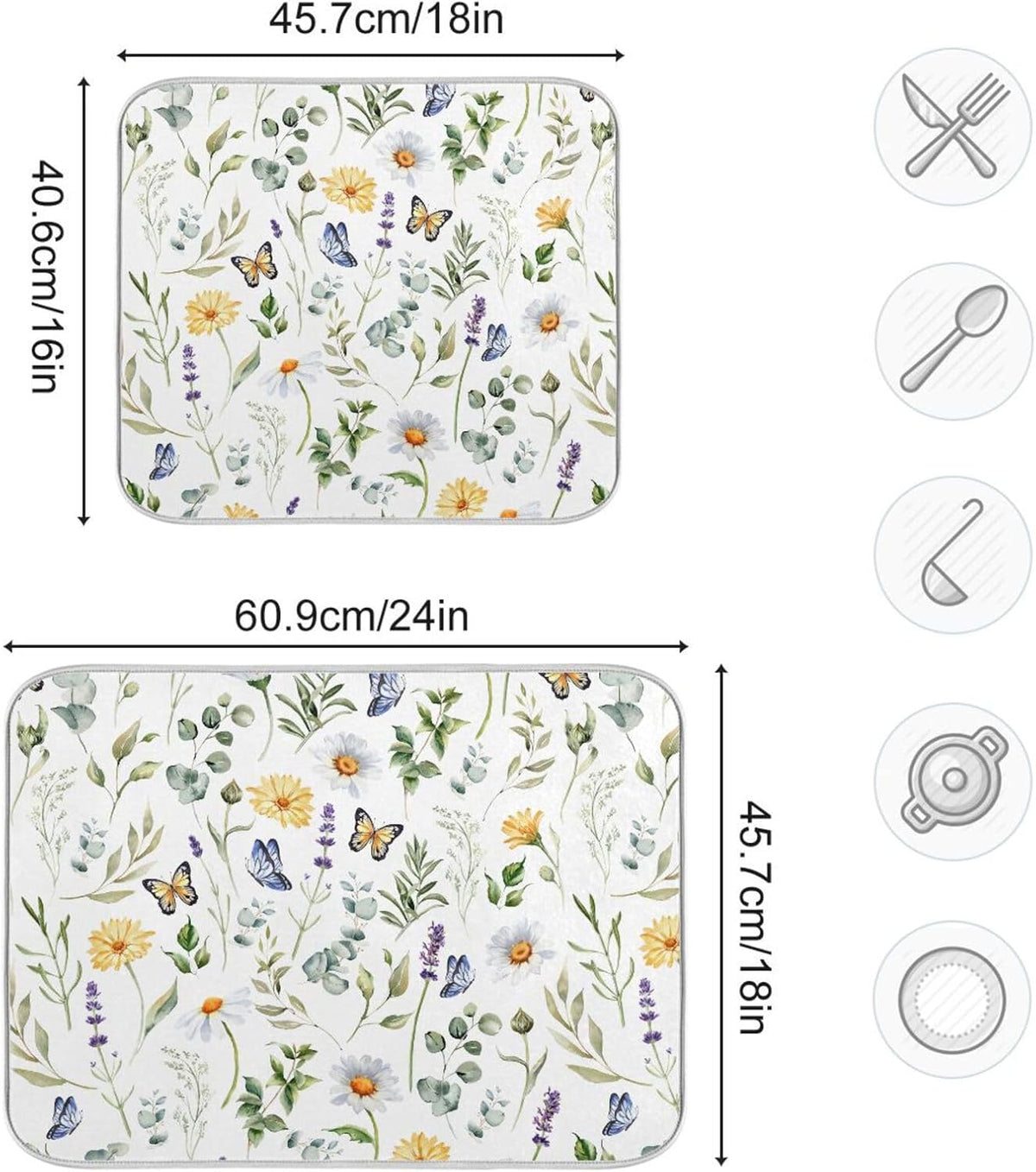 Wildflowers Butterflies Botanical Leaves Dish Drying Mat for Kitchen Counter Absorbent Microfiber Drying Pad, Large 18x24 in, Reversible Drainer Mats