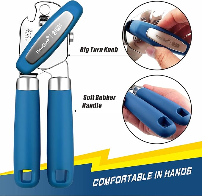 PrinChef Can Opener Manual, Can Tin Bottle Opener with Magnet - No-Trouble-Lid-Lift, Handheld Can Opener Smooth Edge with Sharp Blade, Heavy Duty and Easy to Use, for Seniors with Arthritis, Blue
