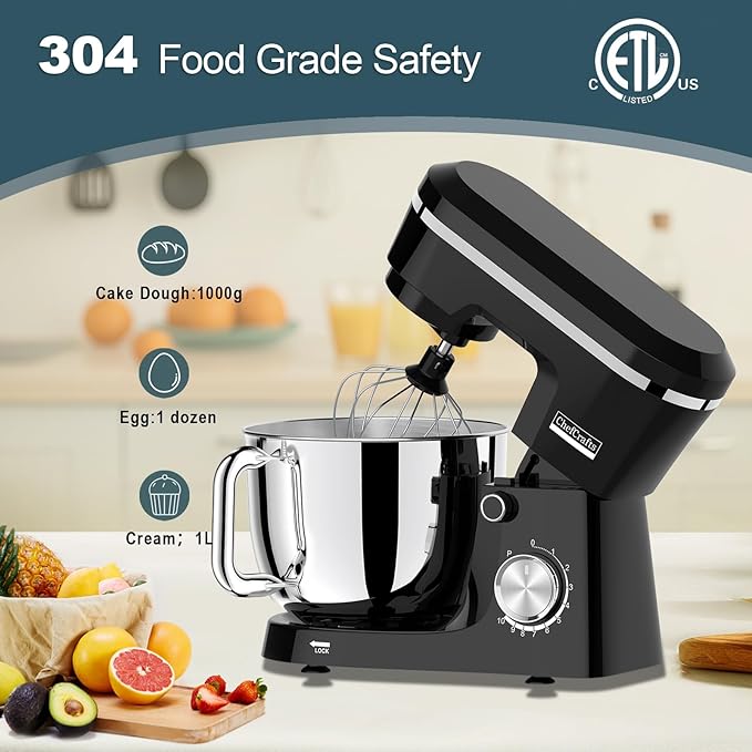 Electric Stand Mixer with 6.5QT Bowl with Handle, Kitchen Mixer with Tilting Head for Bread Dough and Cake with Dough Hook, Whisk, Splash Guard and Egg Separator (Black)