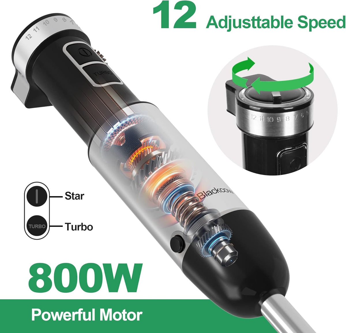 Immersion Blender Handheld, 800W Powerful Electric Hand Blender with Titanium Alloy Blades, 12 Speeds & Turbo, Electric Hand Mixer for Smoothies, Soups, Baby Food and Purees