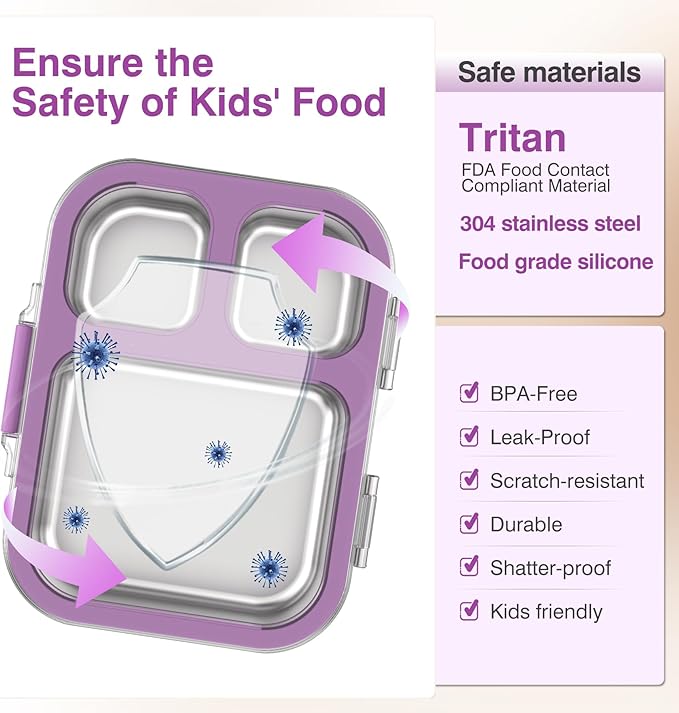 HOMEKOL Stainless Steel Bento Lunch Box, 3-Compartment Leak-Proof Lunch Container for Kids & Adults, BPA/BPS-Free 304 Metal Food Box, Dishwasher Safe, Clear Tritan Lid, Purple (Not Insulated)