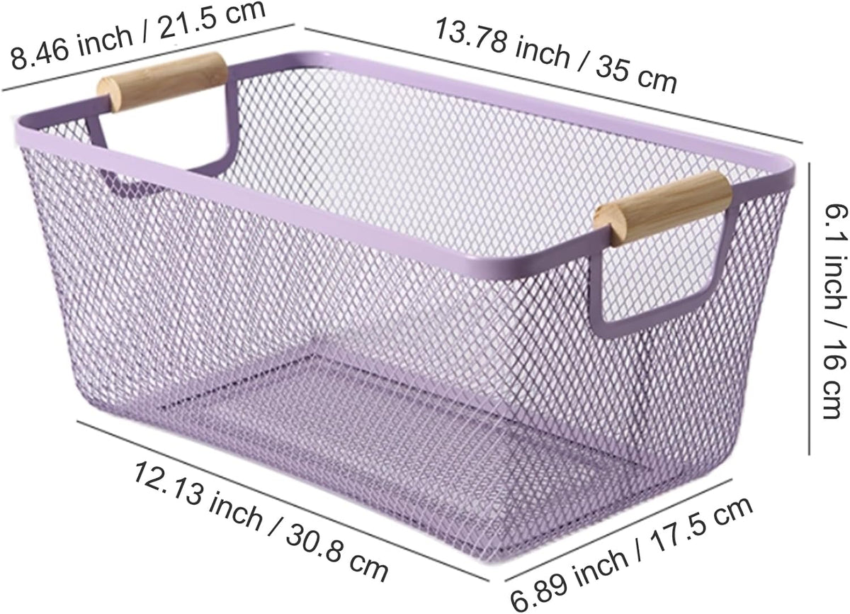 Metal Mesh Steel Basket, Large Wire Storage Organizer Basket Multi-function Hanging Kitchen Baskets with Wood Handle for Kitchen Bathroom Picnic Home, Rectangle-Purple
